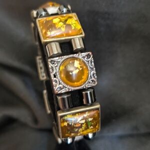 #25.Vintage Hand Made Honey Tone Amber Filegree  Stretch Bracelet